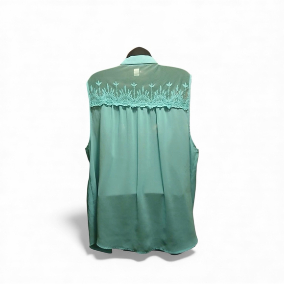 Torrid Women's 3X Sleeveless Mesh Yoke Button-Up Blouse Aqua Blue (JC254) - Picture 2 of 6